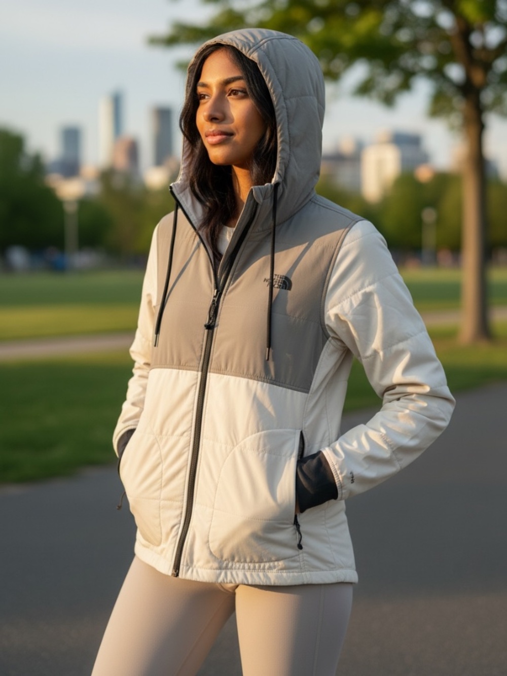 Gorpcore North Face Insulated Hooded Jacket Cream/Taupe Colorblock (XS)